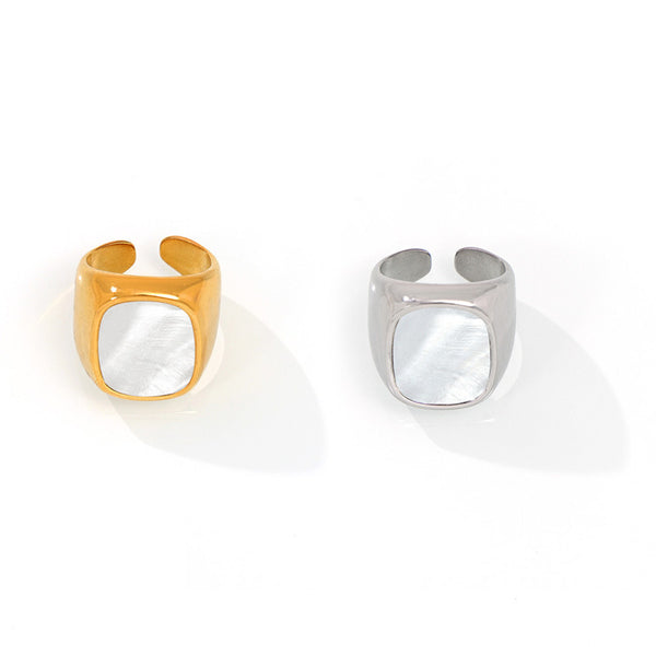 Hepburn style elegant gentle temperament wide-faced index finger ring inlaid with white fritillary design titanium steel gold-plated opening ring
