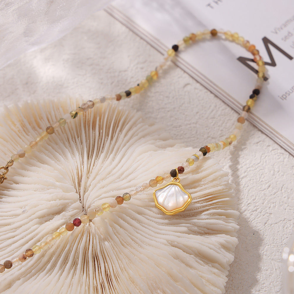 Bohemian new white sea shell pendant natural stone beaded splicing necklace chic style personality temperament jewelry women