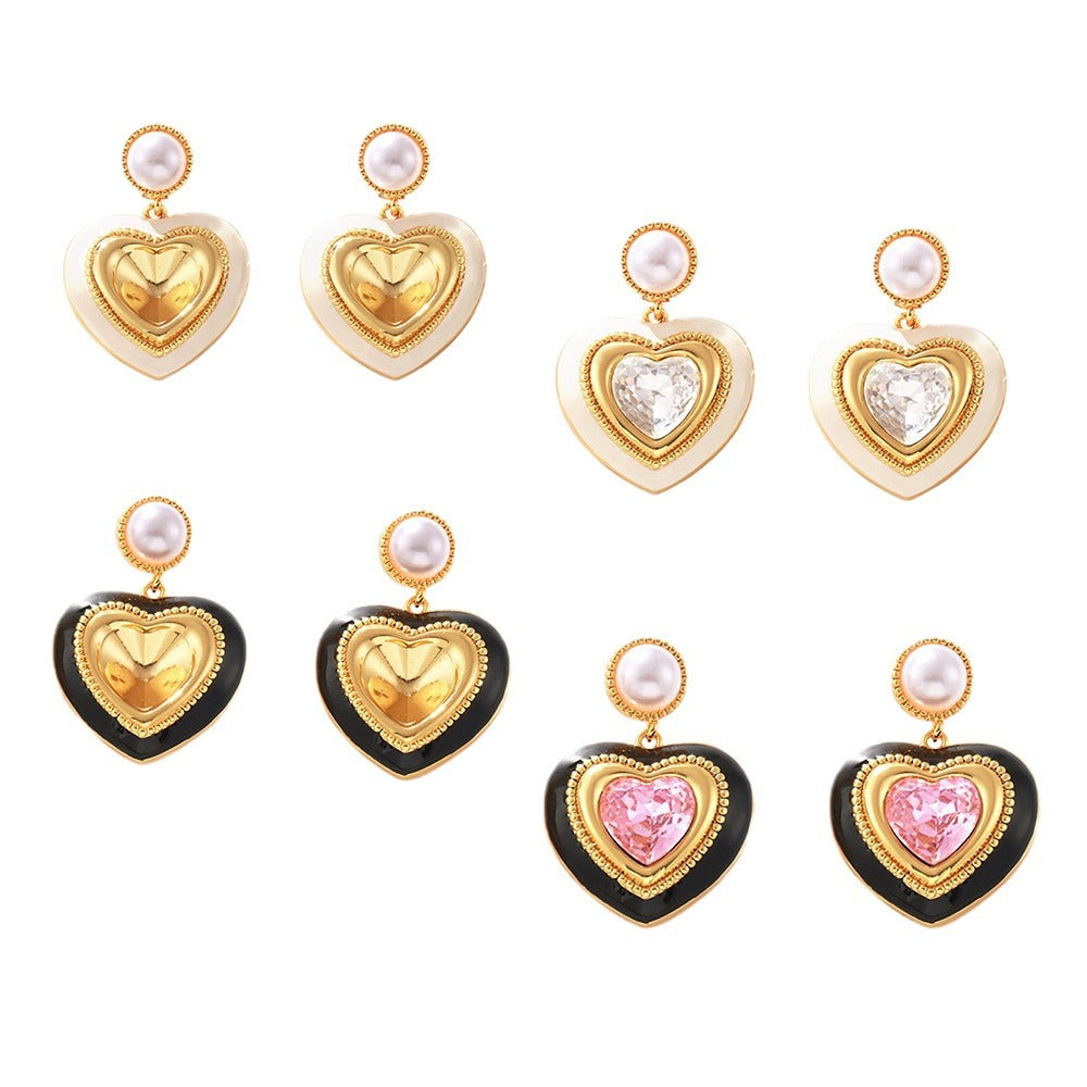 Imitation pearl love three-dimensional glass stone full stud earrings light luxury copper material hot-selling earrings 99