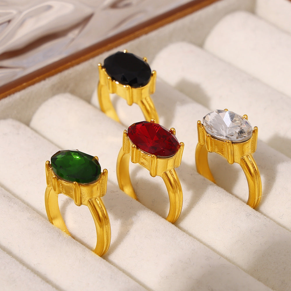 Court style oval glass stone ring luxury temperament titanium steel plated 18k real gold index finger ring jewelry