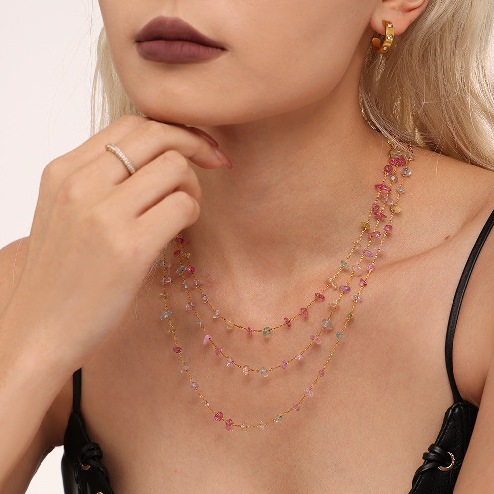 Dopamine Crystal Stone Stainless Steel Chain Clavicle Necklace Bracelet Niche Sweet Wind Set