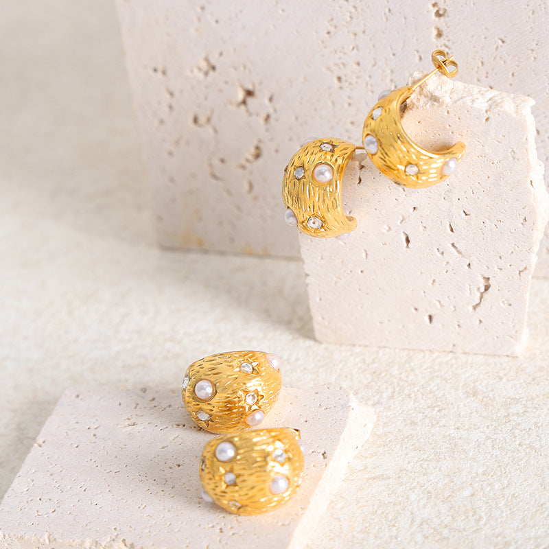 High sense fashion niche design retro temperament titanium steel gold-plated imitation pearl earrings jewelry women