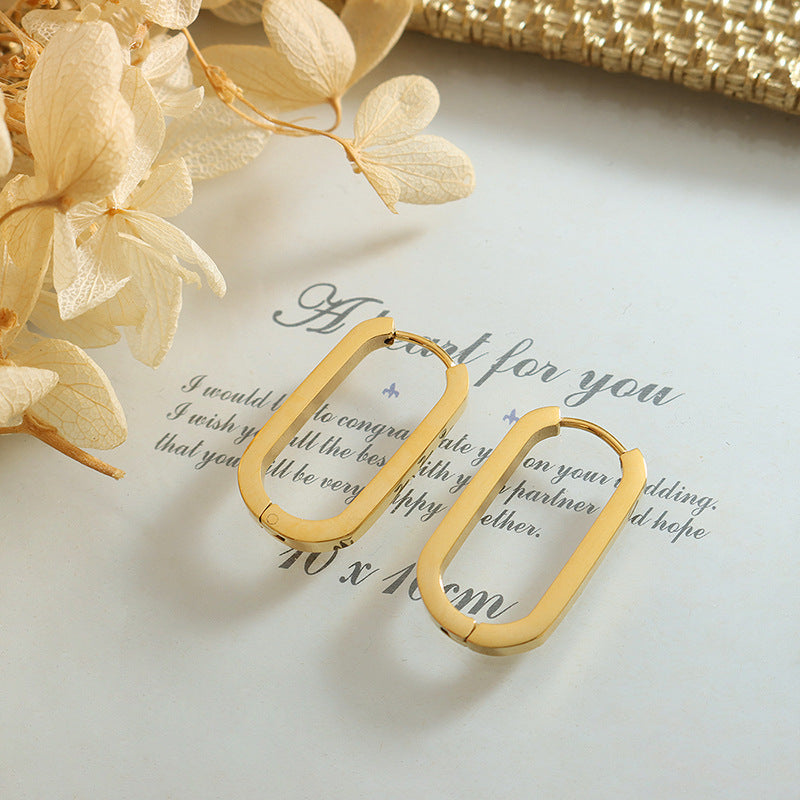 Autumn and winter cold wind geometric oval rectangular earrings titanium steel gold-plated stud earrings jewelry F34299