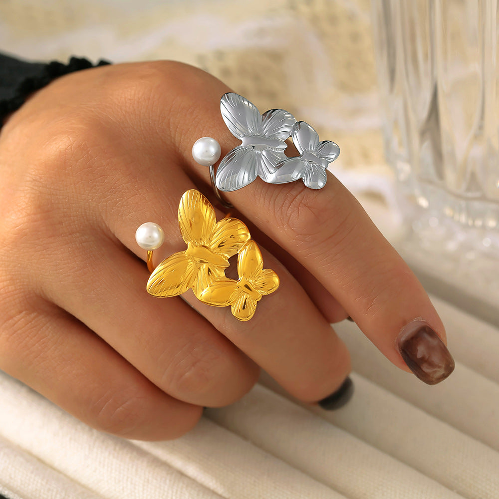 Light Luxury Pearl Flower Ring Titanium Steel 18k Gold Non-Fading Opening Adjustable Ring Fashion Earrings