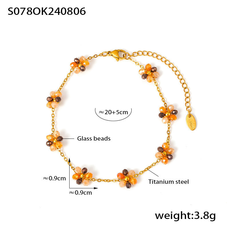 Beaded necklace bracelet anklet handmade girl flower glass bead titanium steel chain jewelry set 99
