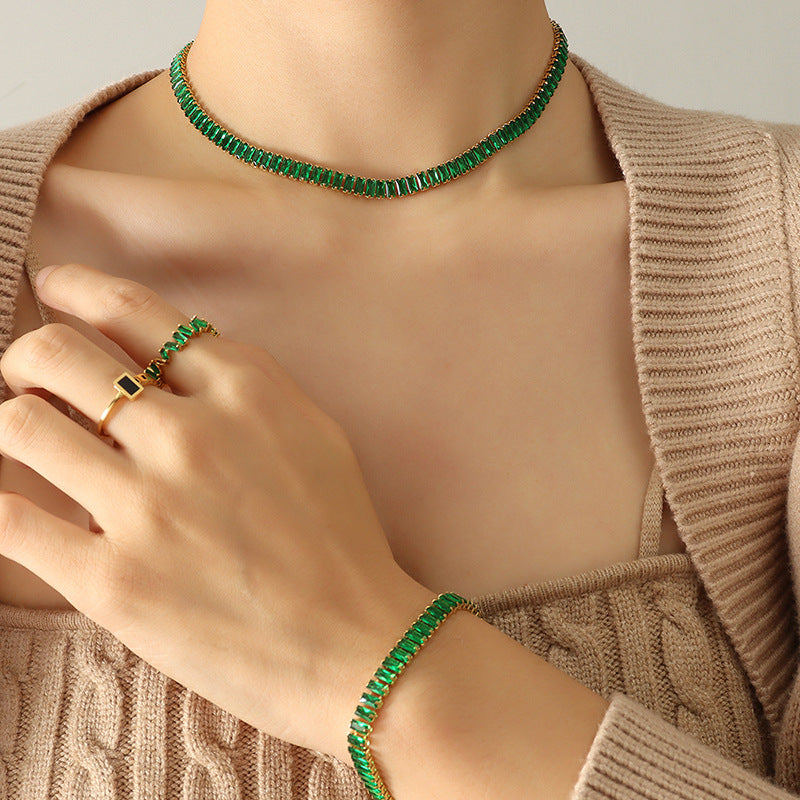 Solid color retro colored diamond zircon inlaid non-fading necklace bracelet jewelry set hot-selling jewelry