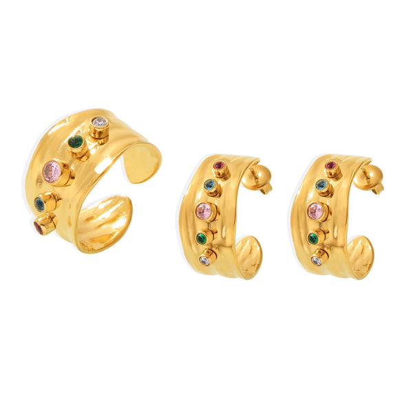 Mixed color zircon open ring women's C-shaped earrings stainless steel plated 18K real gold color retention jewelry set