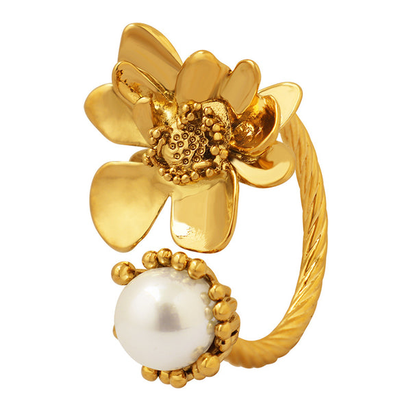 Retro flower brass inlaid rubber bead ring women's niche design does not fade temperament ring jewelry
