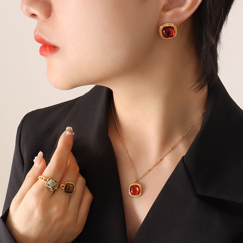 Accessories Women's Natural Crystal Stone Square Pendant Necklace Earrings, Titanium Steel Plated 18K Gold Jewelry Set pp