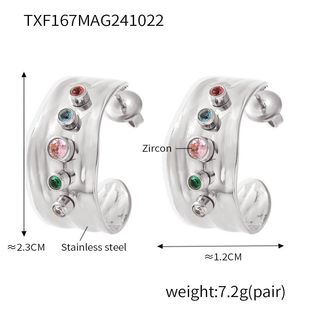 Mixed color zircon open ring women's C-shaped earrings stainless steel plated 18K real gold color retention jewelry set