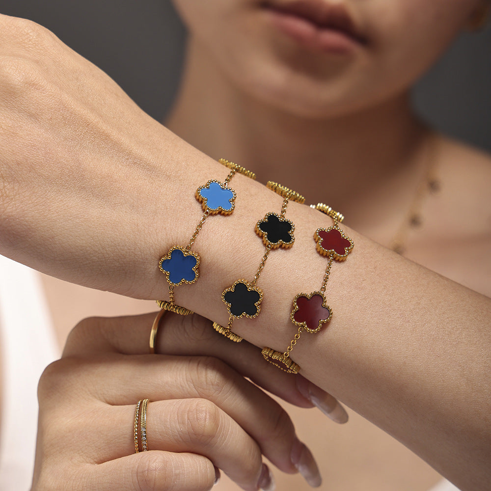 Multi-colored agate five-leaf flower stainless steel bracelet light luxury temperament girlfriend gift flower chain jewelry spot 99