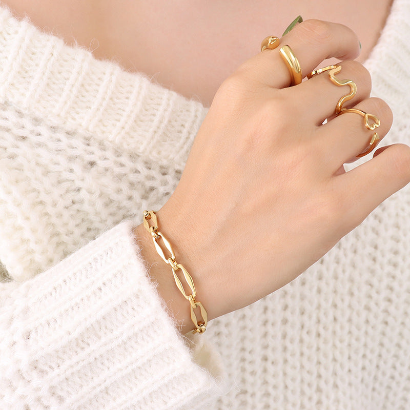Hip-hop design geometric elements stacked simple bare chain titanium steel plated 18K gold bracelet accessories set pp