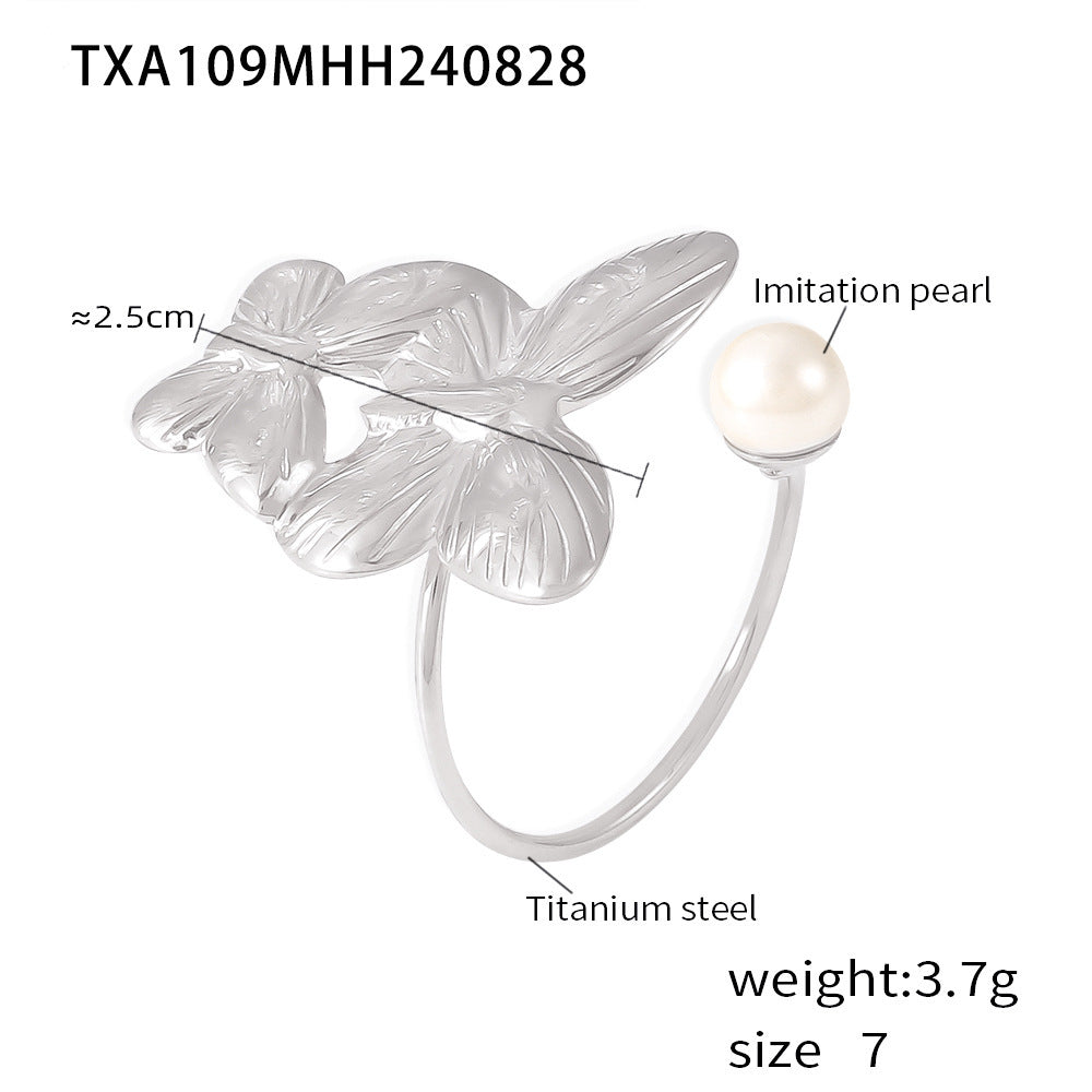 Light Luxury Pearl Flower Ring Titanium Steel 18k Gold Non-Fading Opening Adjustable Ring Fashion Earrings