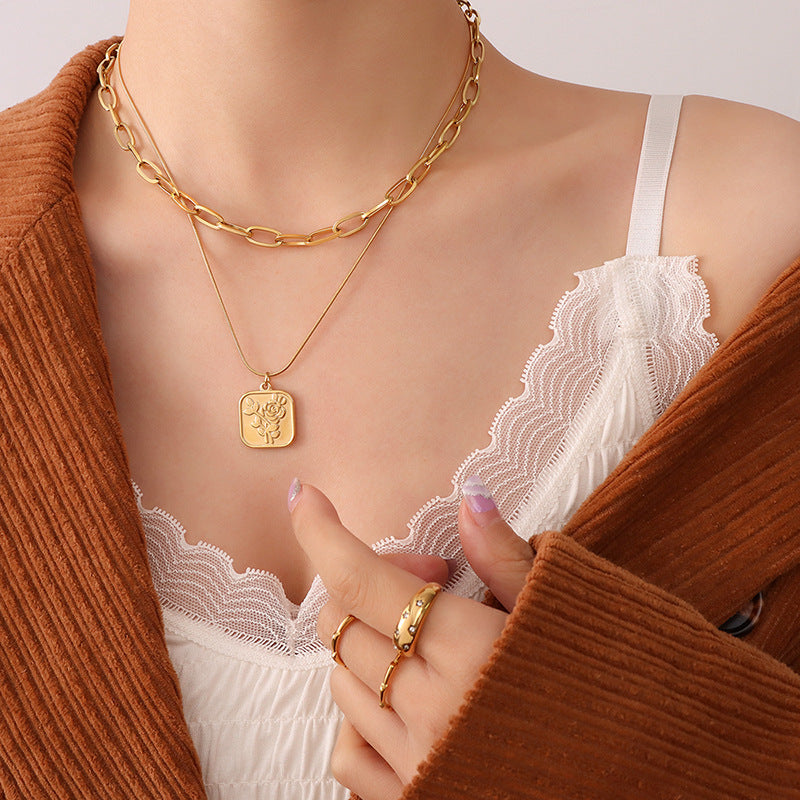 Cold wind rose pendant necklace titanium steel plated 18K real gold, fashionable light luxury chocker neck chain pp