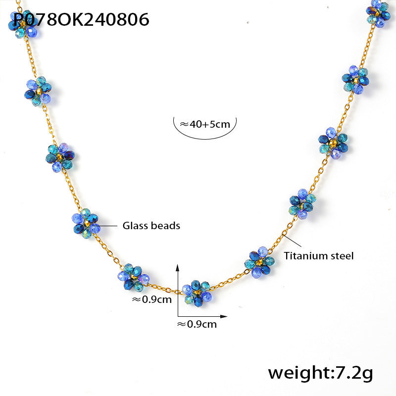 Beaded necklace bracelet anklet handmade girl flower glass bead titanium steel chain jewelry set 99