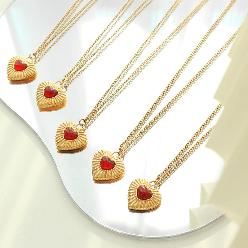 Celebrity temperament personality does not fade peach heart love inlaid agate pendant necklace earrings jewelry set