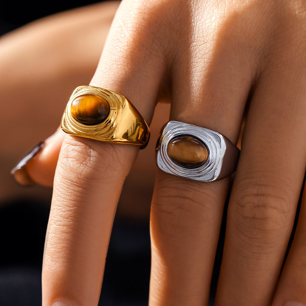 Vintage Textured Edge Oval Tiger's Eye Ring Titanium Steel Gold Plated Simple Light Luxury Index Finger Ring