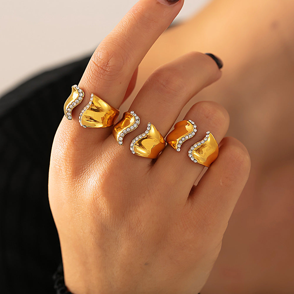 Diamond Set Irregular Open Ring 18k Gold Stainless Steel Neutral Cold Wind Non-Adjustable Ring