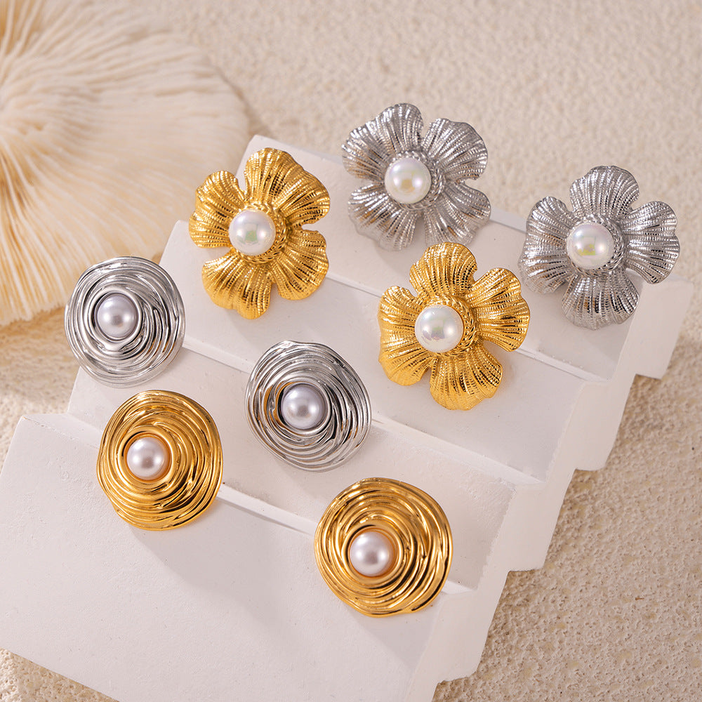 Retro style niche geometric texture design sense earrings inlaid beads flower round brand shape titanium steel gold-plated earrings