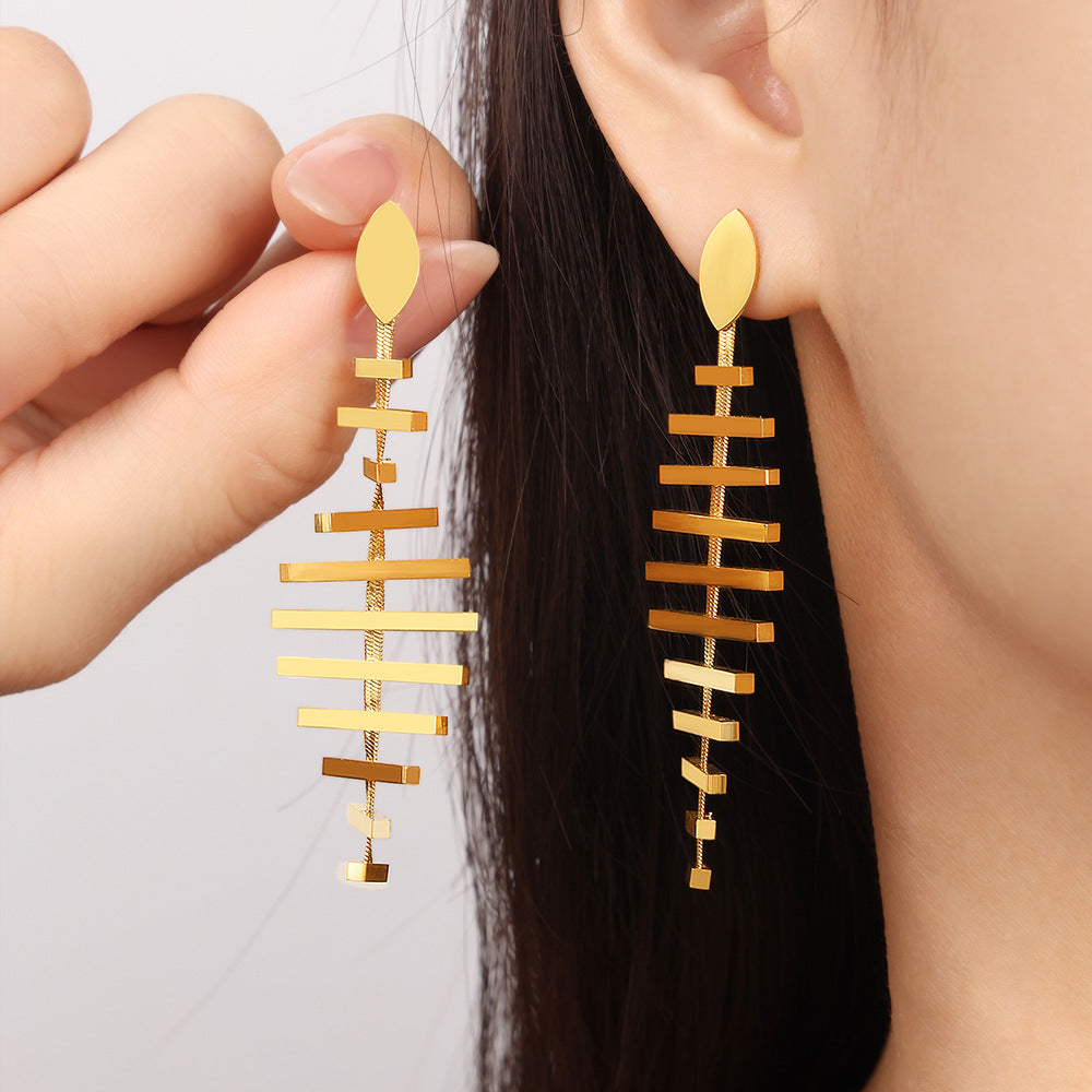 New personalized niche design fashion creative titanium steel plated 18K goldfish bone long earrings jewelry wholesale