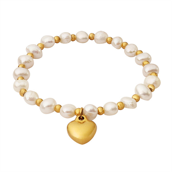 Personality temperament Freshwater pearl splicing steel ball bracelet women's fashion creative design peach heart pendant bracelet