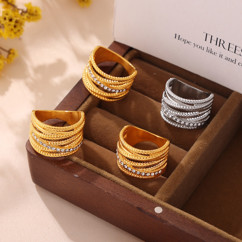 Hot Sale Multi-layer Twist Cross Diamond Set Hollow Ring Stainless Steel Plated 18K Gold Personality Ring