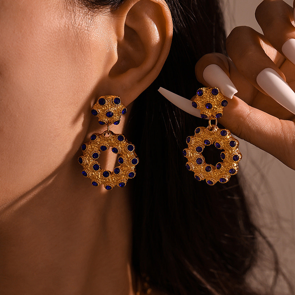 Donut Rhinestone Earrings Earrings Pendant Double Necklace Stainless Steel Jewelry Set Spot