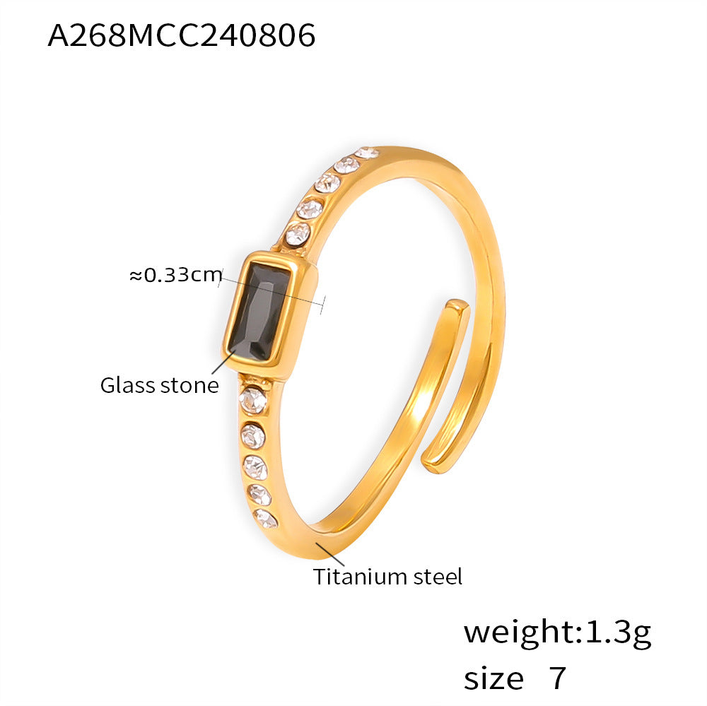 2024 new square glass stone ring titanium steel plated 18k real gold fashion personalized open women's ring pp