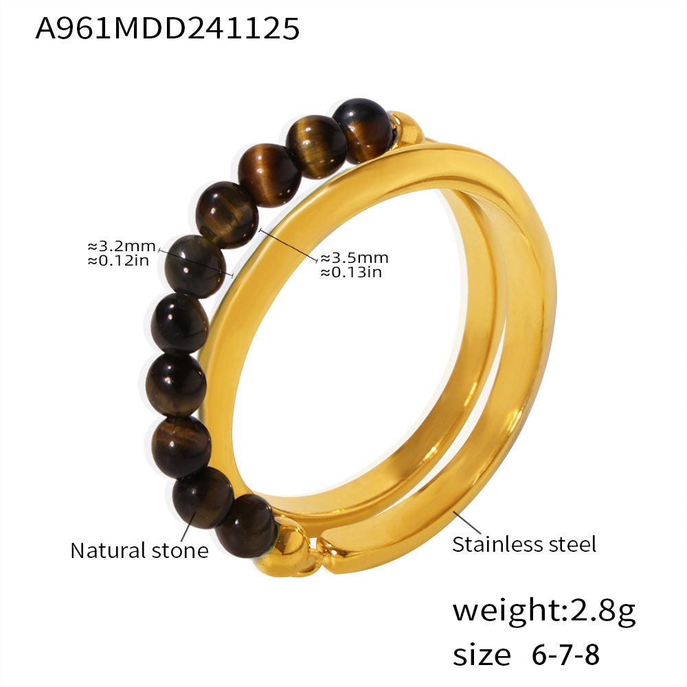 Wind natural stone beaded double-layer ring, women's stainless steel plated with 18k real gold, European and American niche with 99.