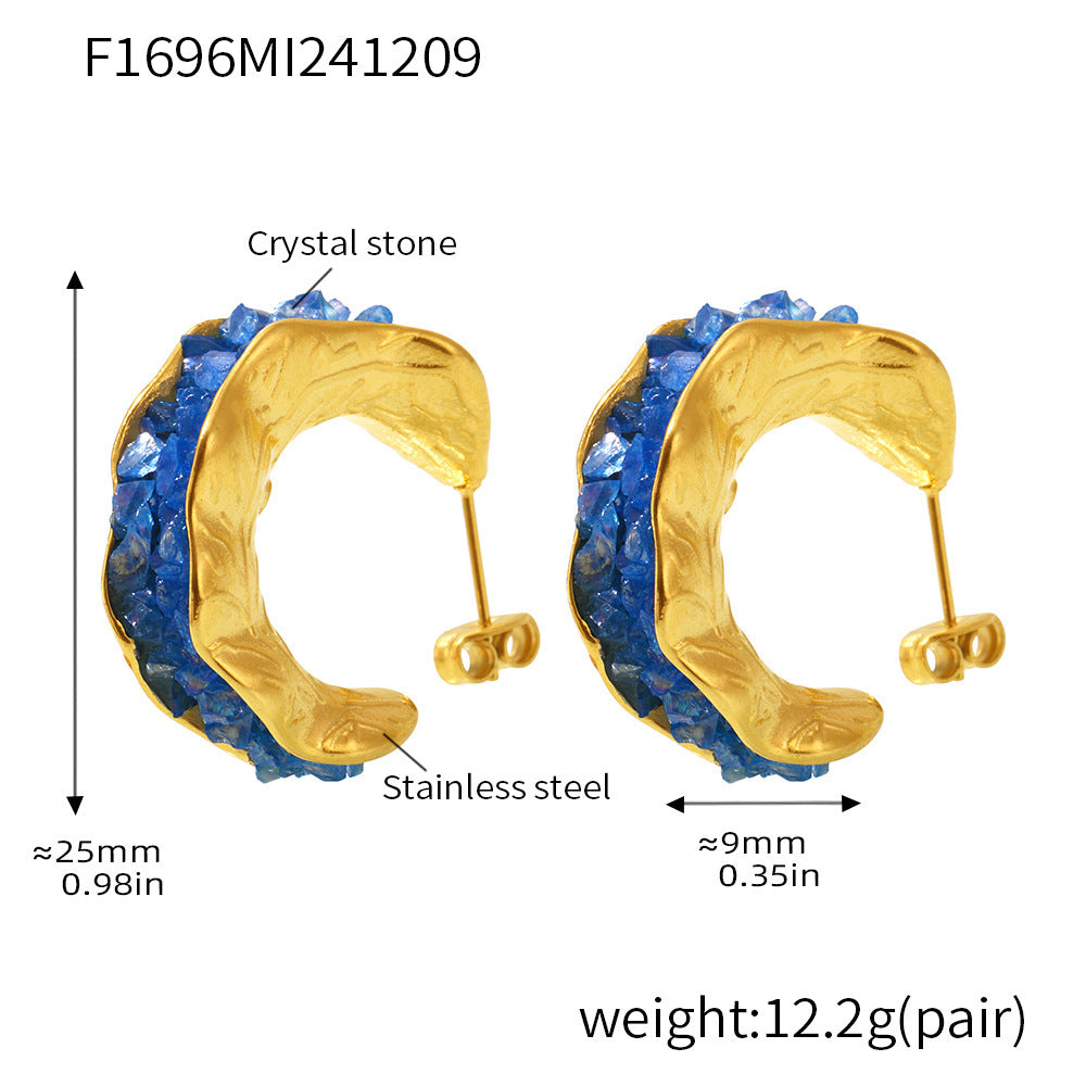 Stainless Steel Crystal Stone C-Type Earrings Sparkling Luxury Temperament PVD Plated Real Gold Earrings