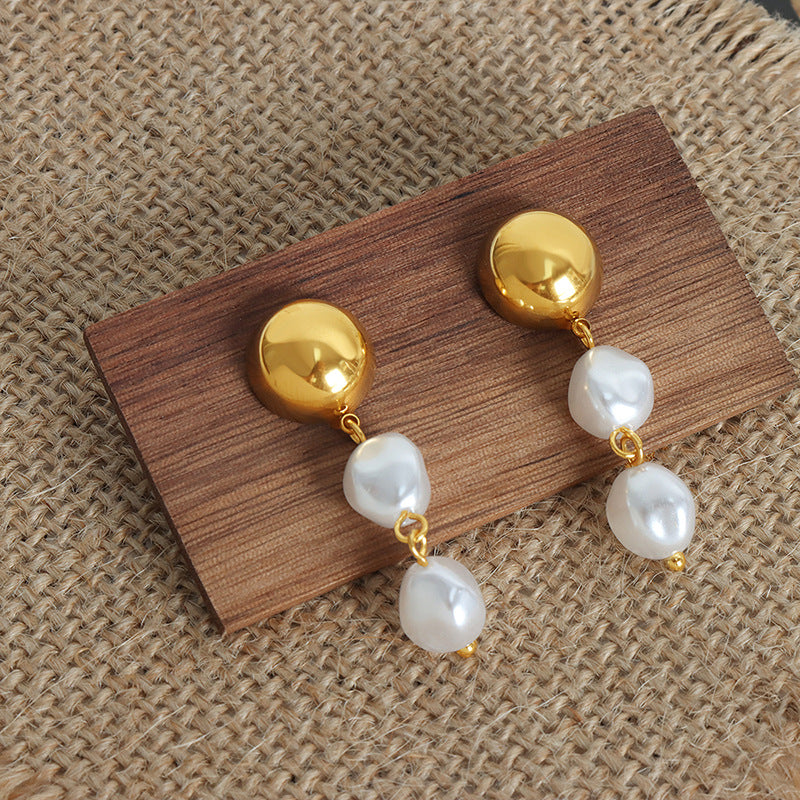 Cold wind temperament elegant steel ball fringed high-gloss bead design sense versatile titanium steel gold-plated earrings pp