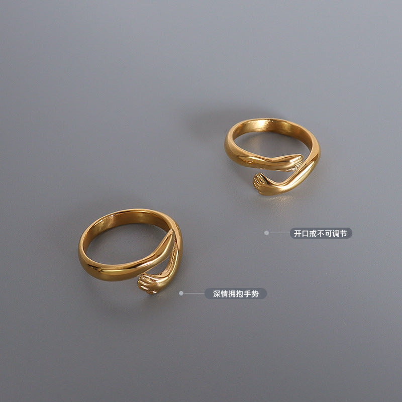Hug you with both hands Open ring Titanium steel personalized tail ring Index finger ring A203 Unique 99