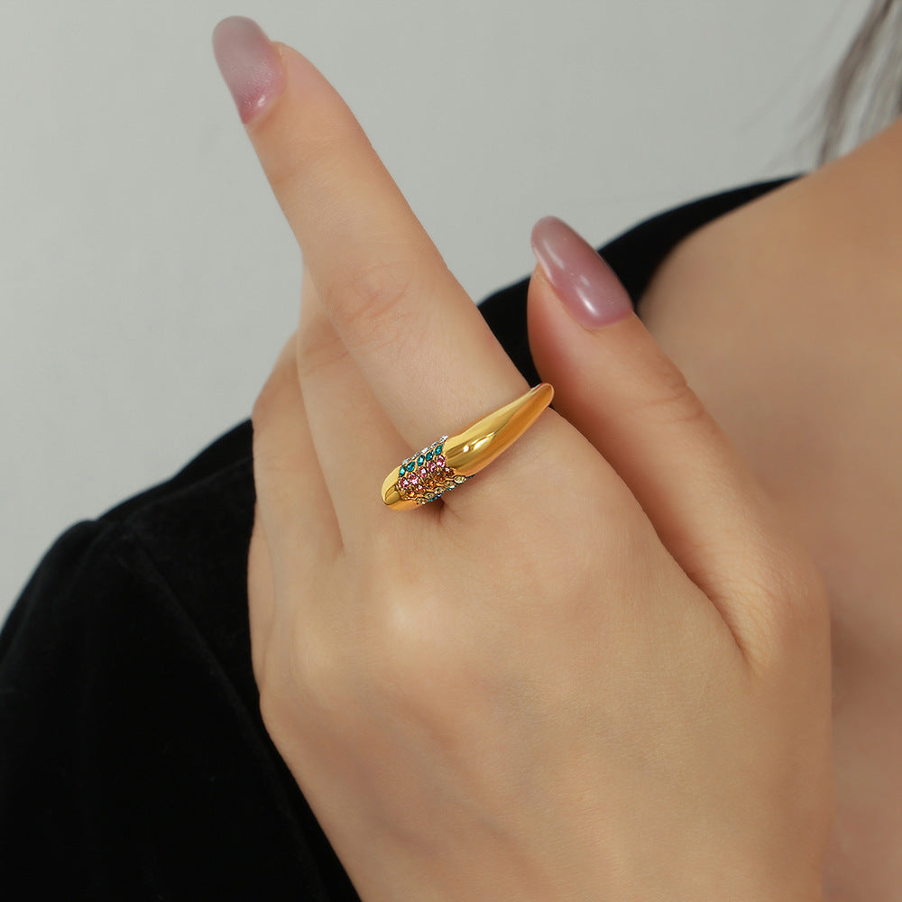 New fashion light luxury niche titanium steel gold-plated with colored diamonds geometric ring ring simple personalized jewelry female pp