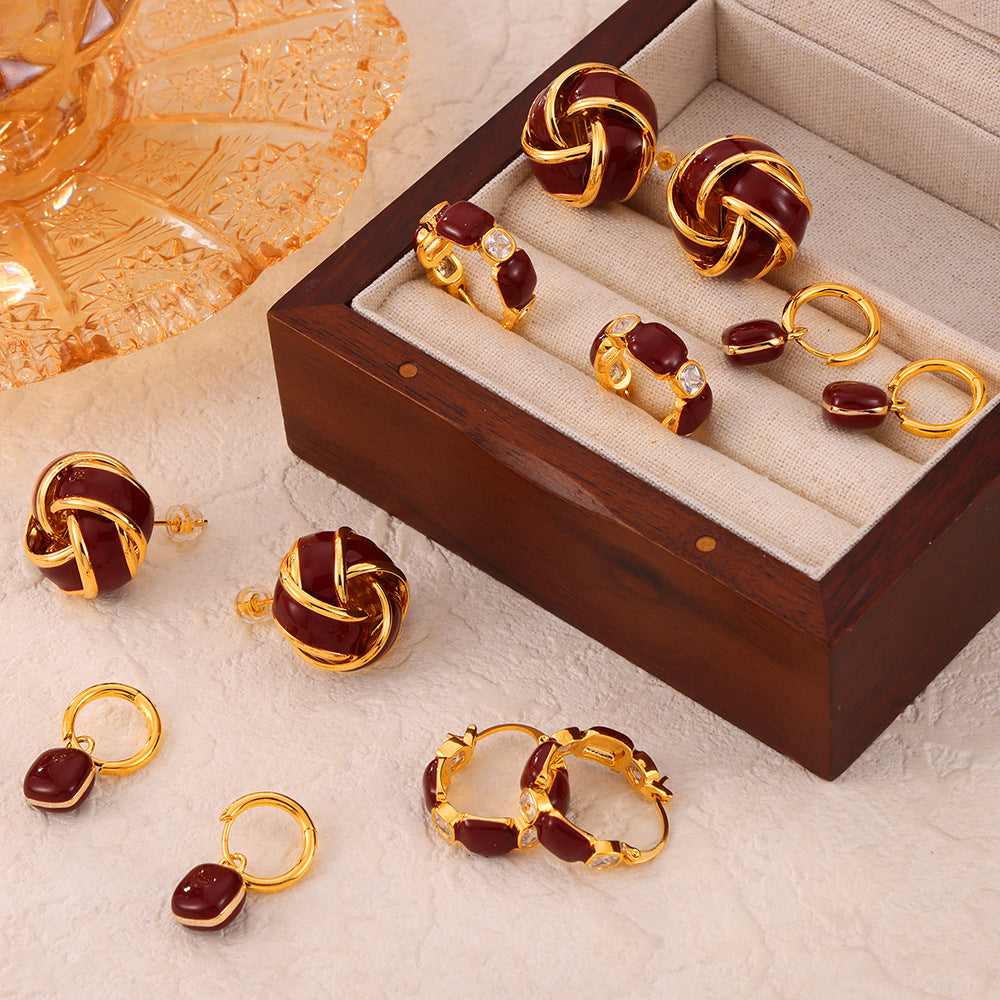 Retro niche simple personalized jewelry geometric weights color glaze design sense inlaid zircon copper earrings