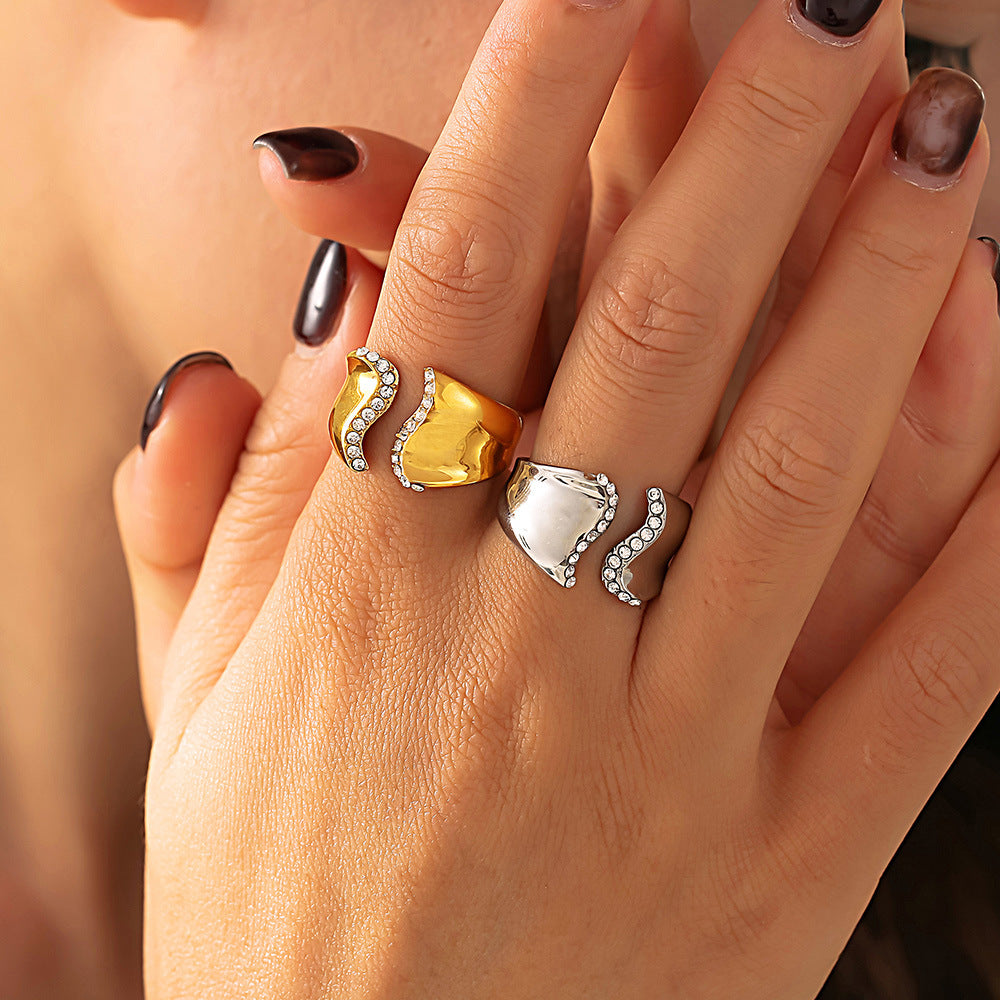 Diamond Set Irregular Open Ring 18k Gold Stainless Steel Neutral Cold Wind Non-Adjustable Ring