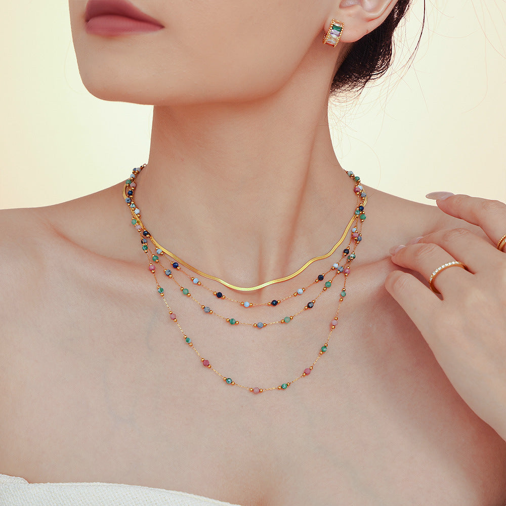 Blue gold natural stone handmade beaded collarbone necklace double-layer stacked titanium steel PVD plated real gold jewelry spot 99