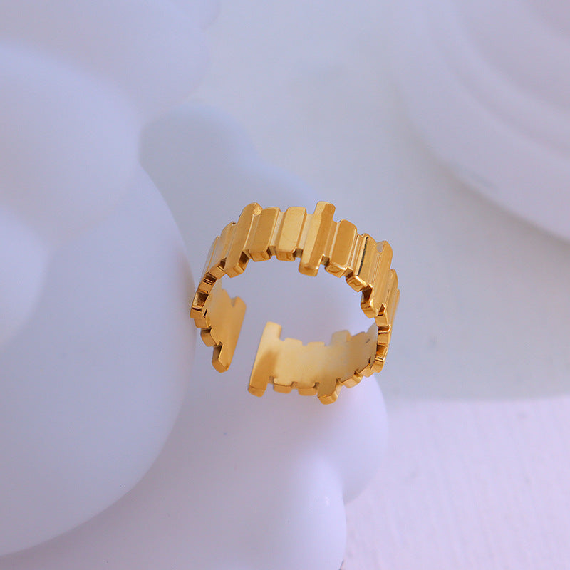 Cold wind retro trend geometric long strip opening light luxury ring titanium steel plated 18K real gold hand jewelry