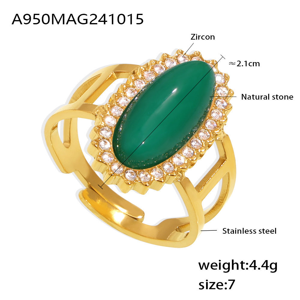 Jewelry 3A zircon inlaid natural stone open ring titanium steel plated 18K gold adjustable ring jewelry spot supply