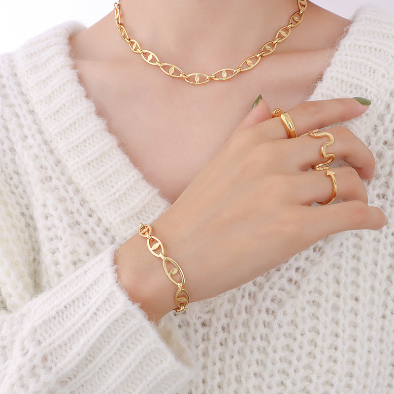 Hip-hop design geometric elements stacked simple bare chain titanium steel plated 18K gold bracelet accessories set pp