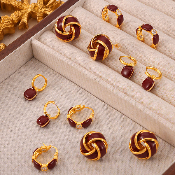 Retro niche simple personalized jewelry geometric weights color glaze design sense inlaid zircon copper earrings
