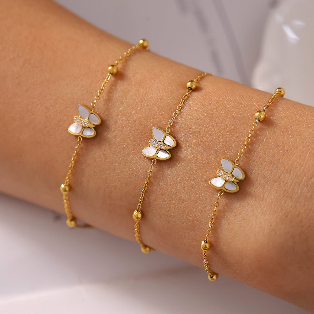 Light luxury niche butterfly bead bracelet, natural fritillary inlaid 3A zircon titanium steel plated 18k real gold, beautiful color retention women 99