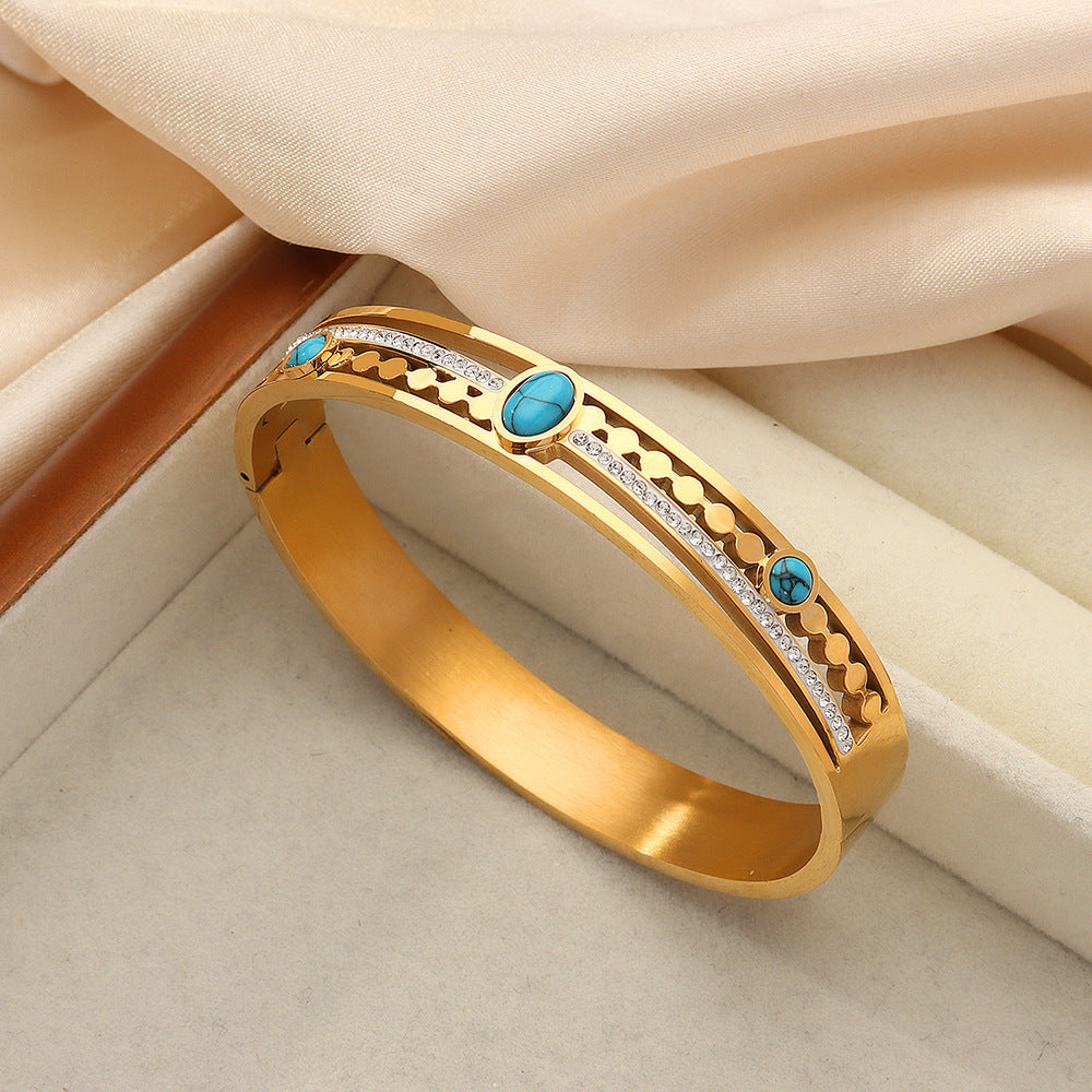 New retro court style fashion personalized hollow titanium steel gold-plated diamond-encrusted turquoise bracelet jewelry wholesale