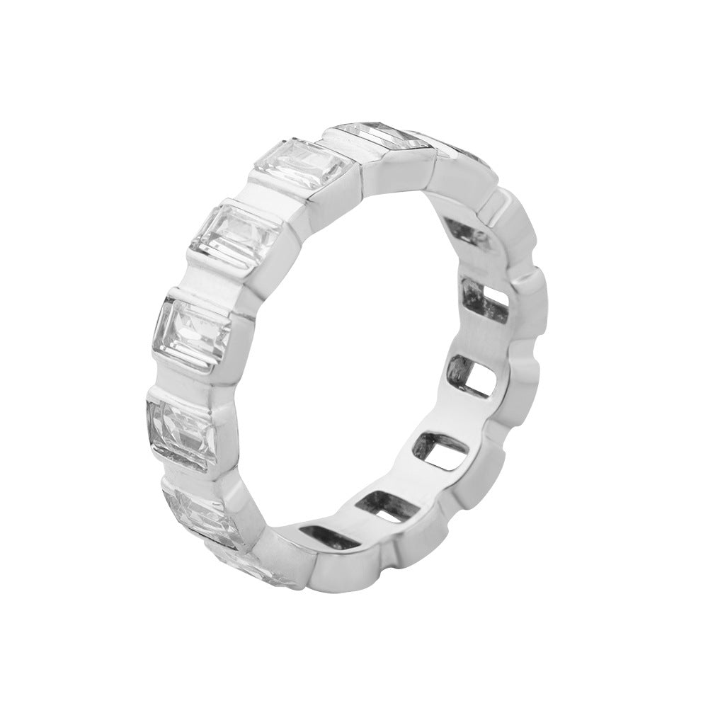 A419-Full diamond zircon ring titanium steel gold-plated index finger ring niche does not fade
