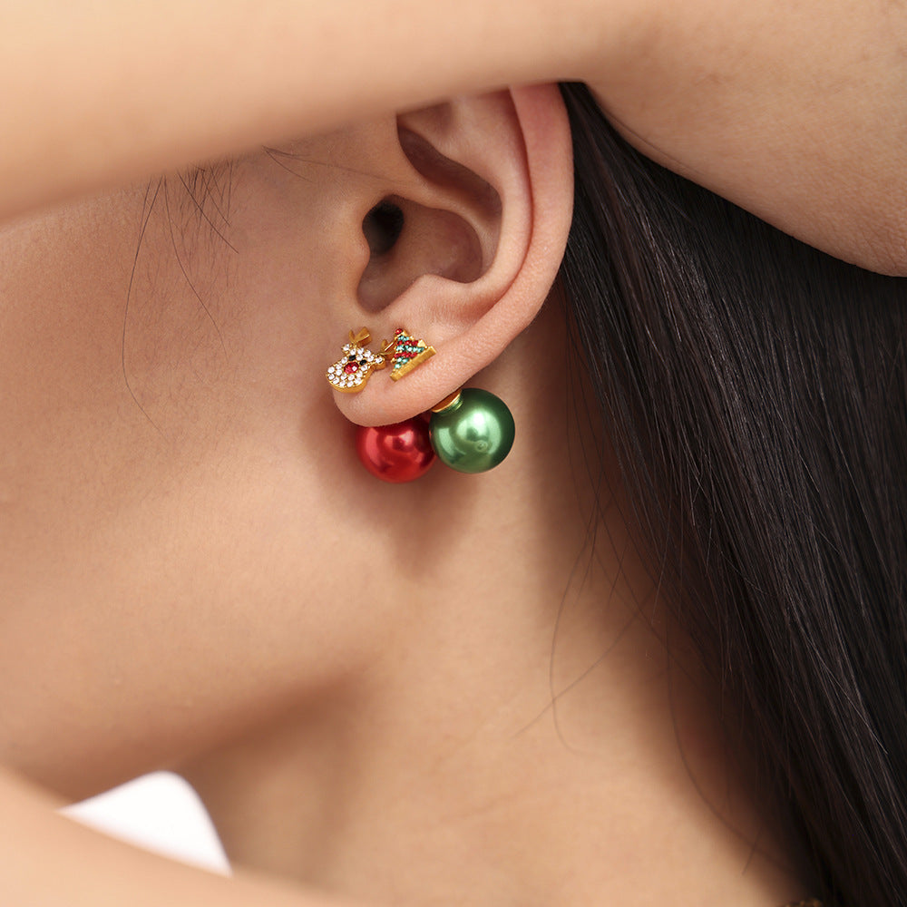 Color zircon Christmas tree elk stainless steel stud earrings DIY colored beads ear plug niche new earrings