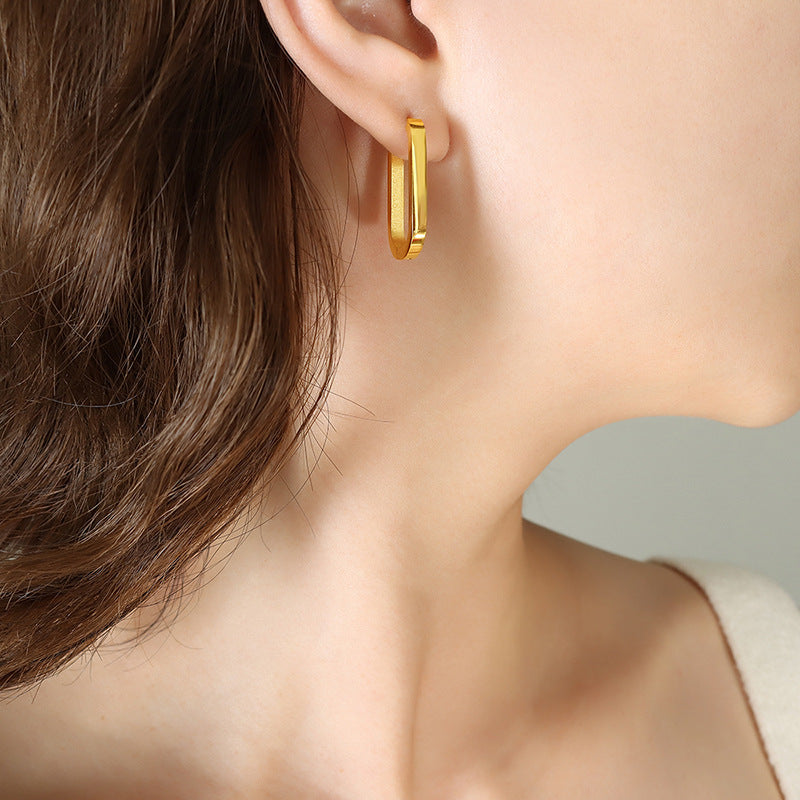 Autumn and winter cold wind geometric oval rectangular earrings titanium steel gold-plated stud earrings jewelry F34299