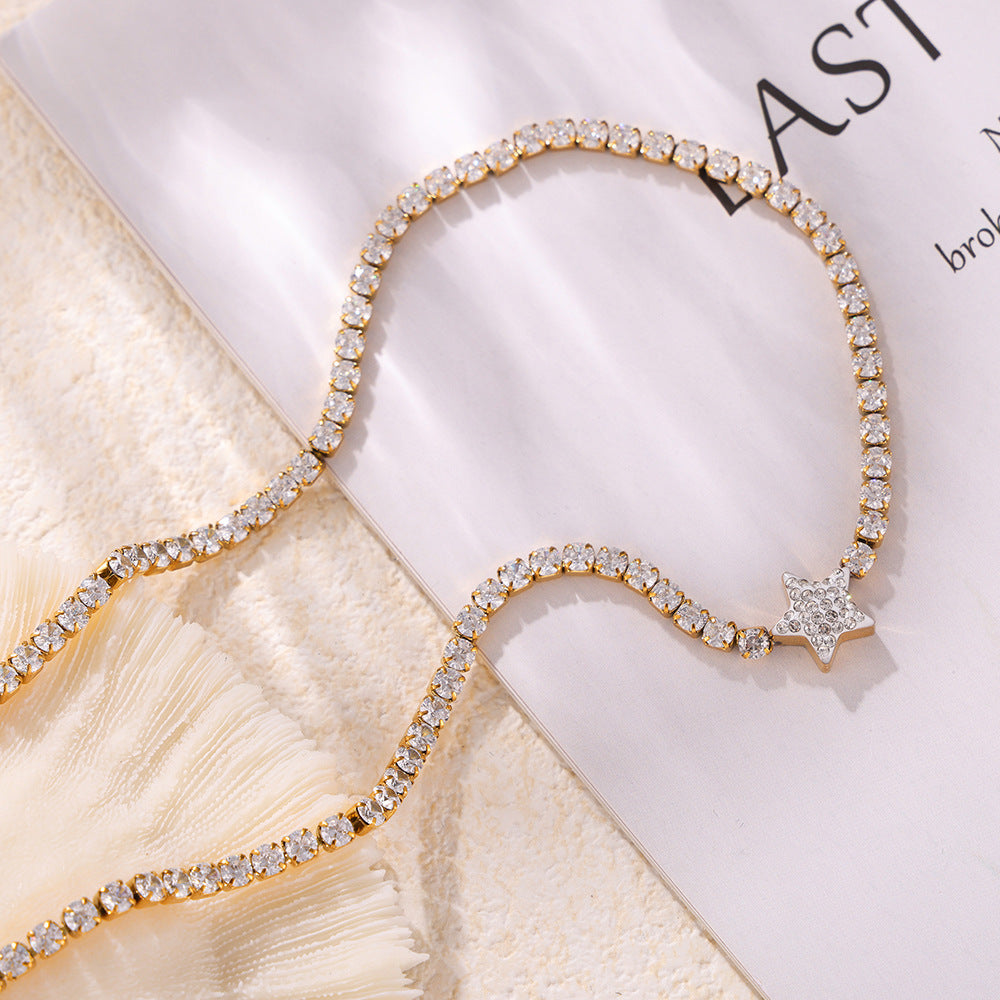 Vintage new geometric star pendant necklace inlaid with zircon titanium steel plated 18k gold collarbone chain jewelry
