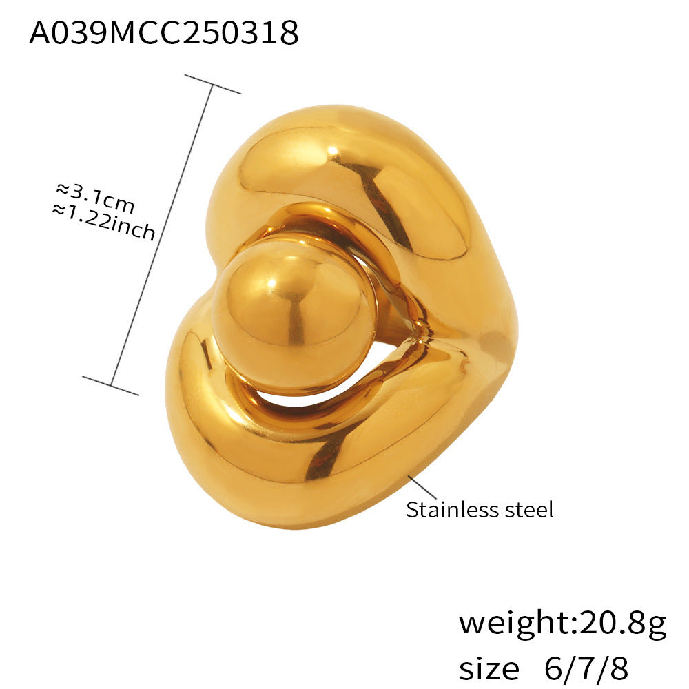 Double-layer electric European and American style round bead ring does not fade stainless steel 18k real gold fashion exaggerated index finger ring