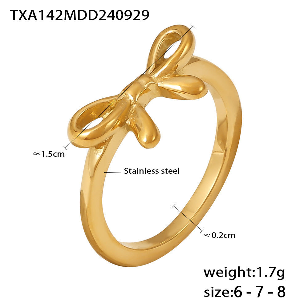 Bow ring, smooth buckle plain ring bracelet, stainless steel PVD-plated 18K gold niche jewelry set
