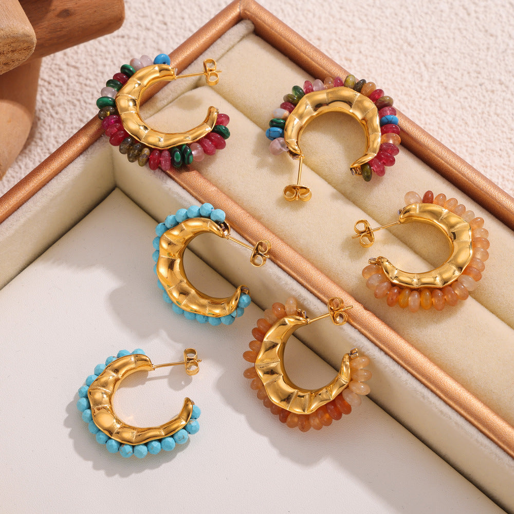 Dopamine wear fashionable simple personality elegant jewelry inlaid with colorful natural stone design titanium steel C stud earrings pp