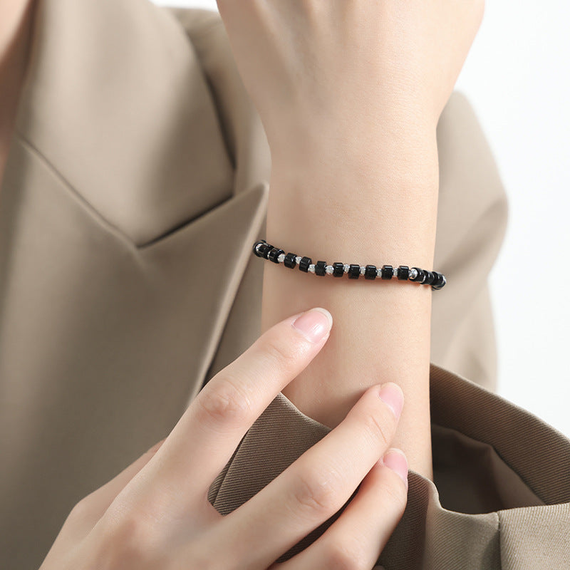 New light luxury retro high-end natural black turquoise handmade beaded stainless steel bead bracelet jewelry
